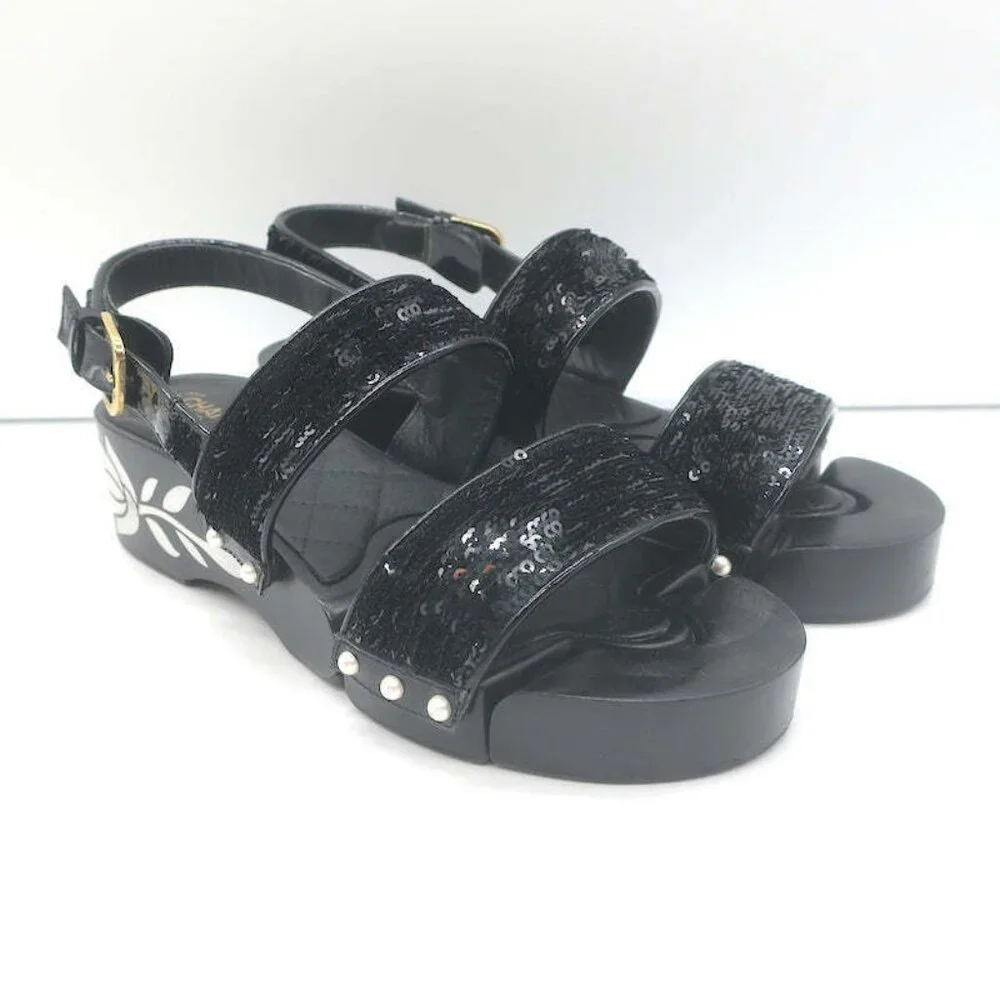Chanel 16C Sequin Slingback Sandals Black Size 38.5